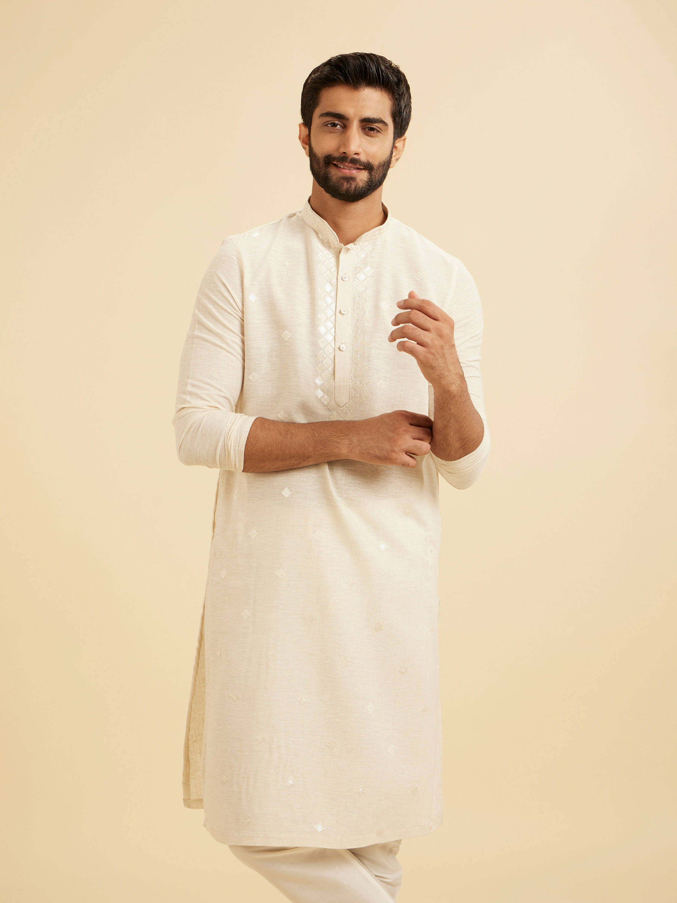 Manyavar Men Cream Kurta Pajama Set