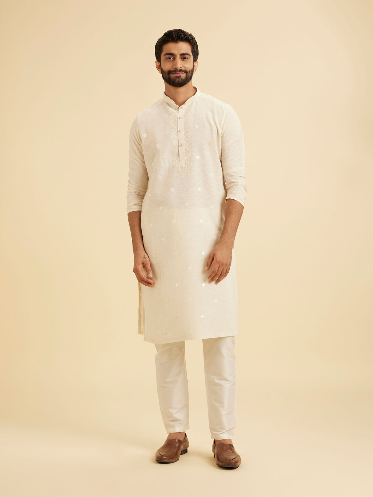 Manyavar Men Cream Kurta Pajama Set
