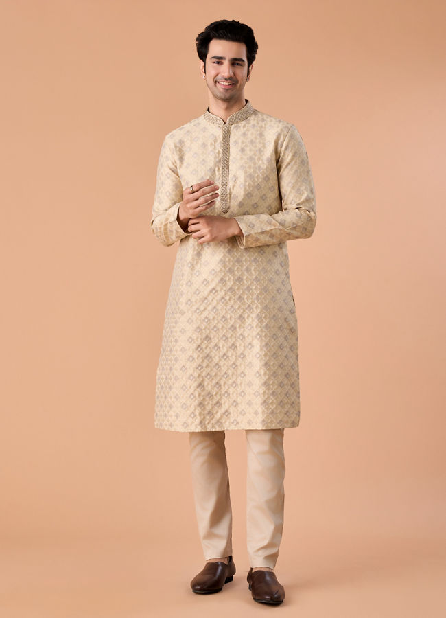 Manyavar Men Beige Brocade Kurta Pajama