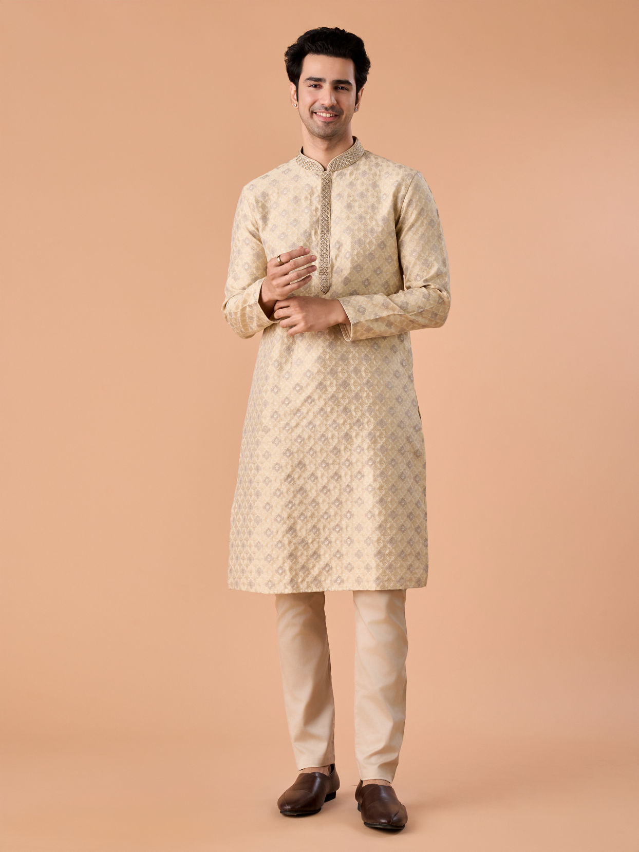 Manyavar Men Beige Brocade Kurta Pajama