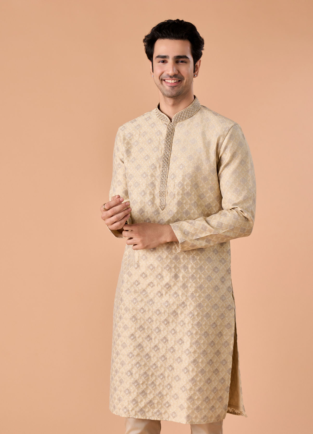 Manyavar Men Beige Brocade Kurta Pajama