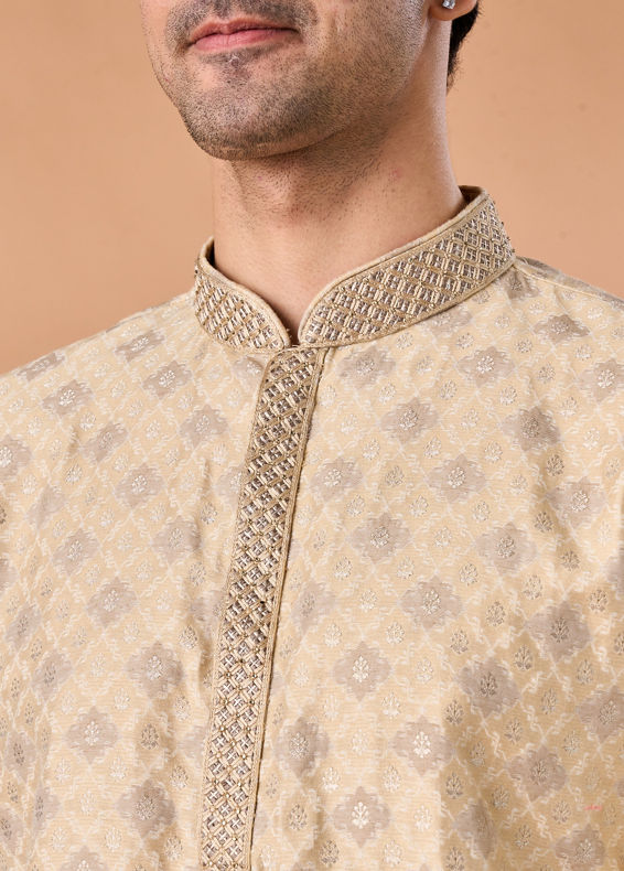 Manyavar Men Beige Brocade Kurta Pajama