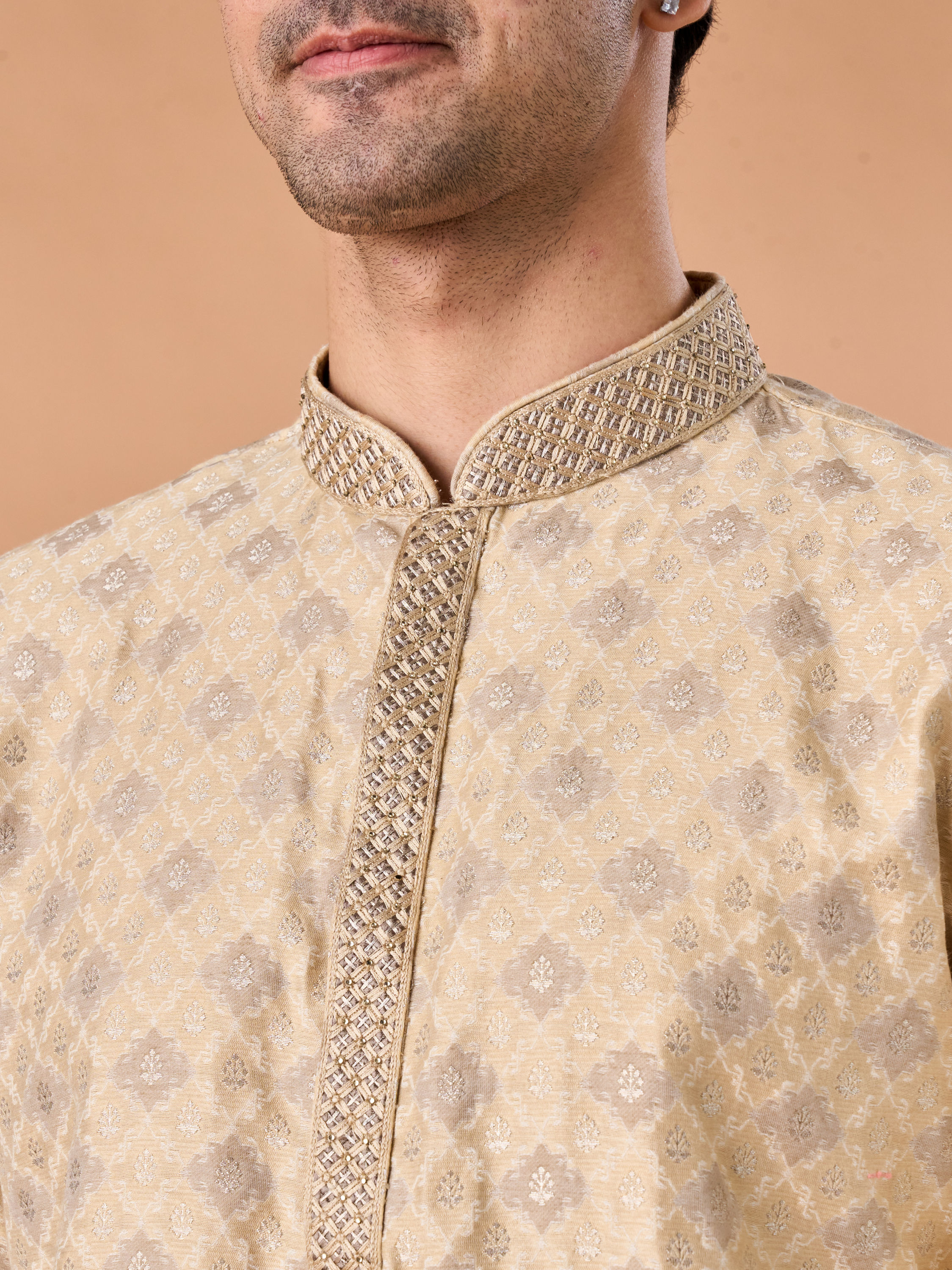 Manyavar Men Beige Brocade Kurta Pajama