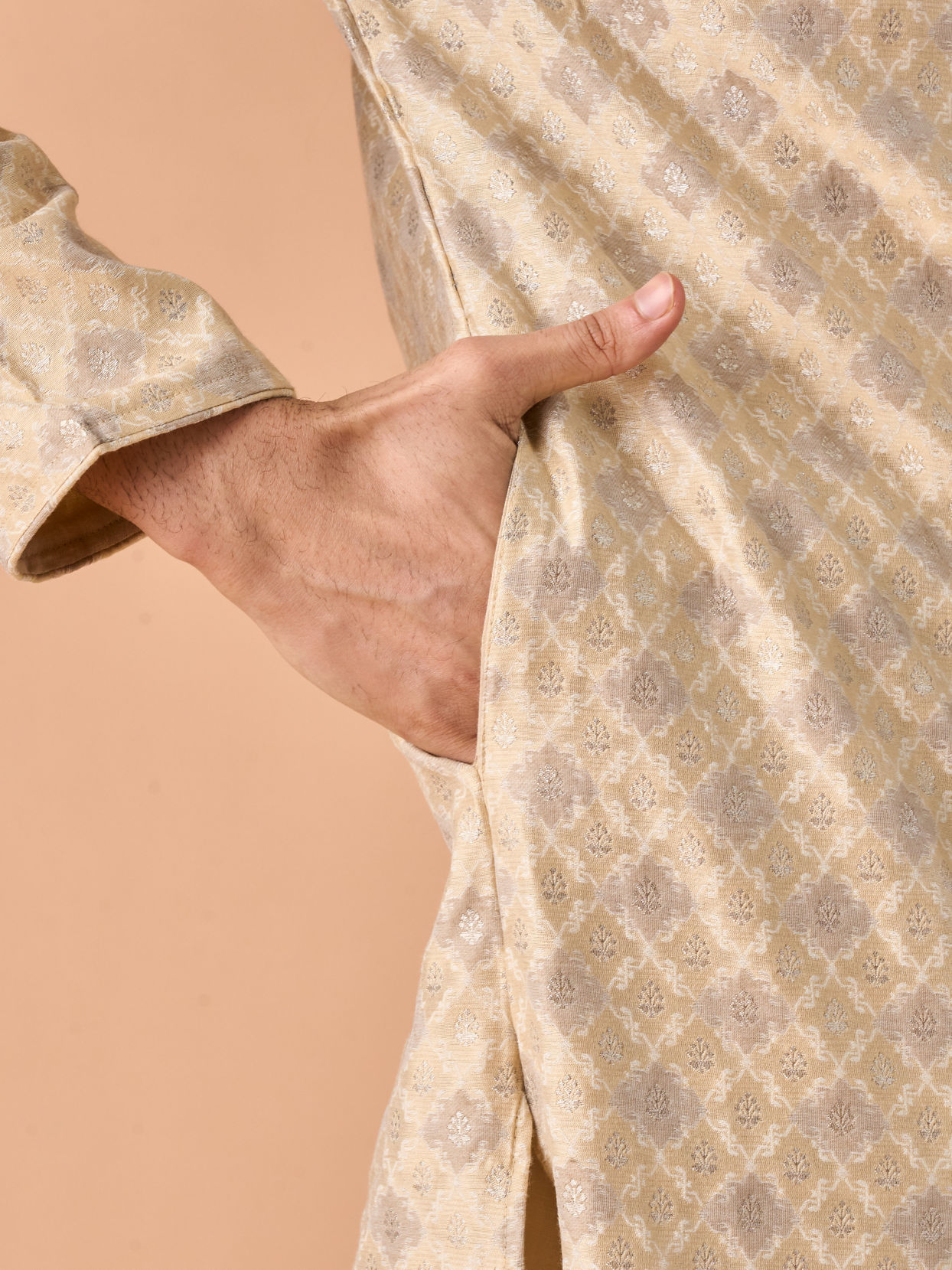 Manyavar Men Beige Brocade Kurta Pajama