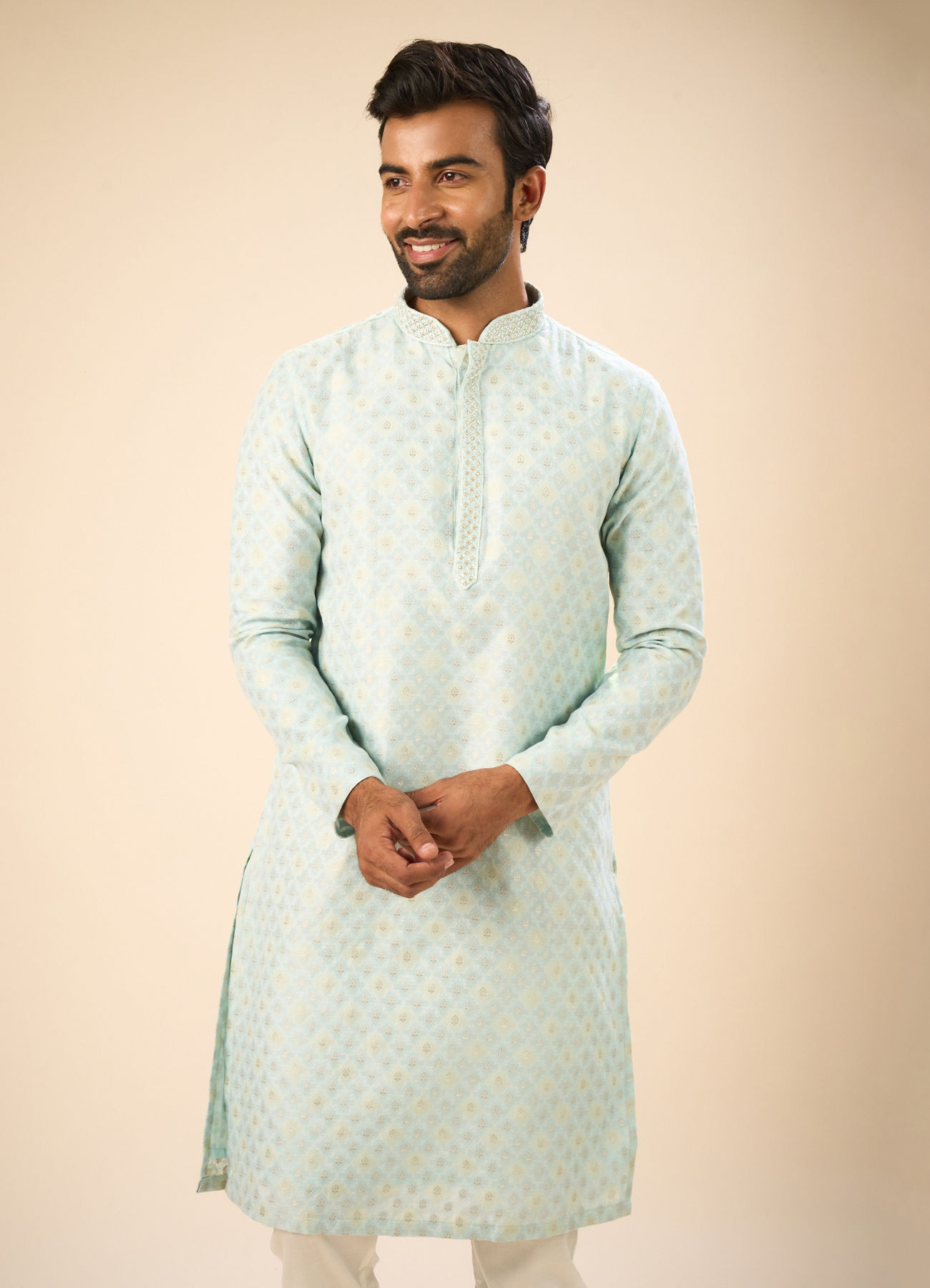 Manyavar Men Brocade Kurta Pajama in Light Blue