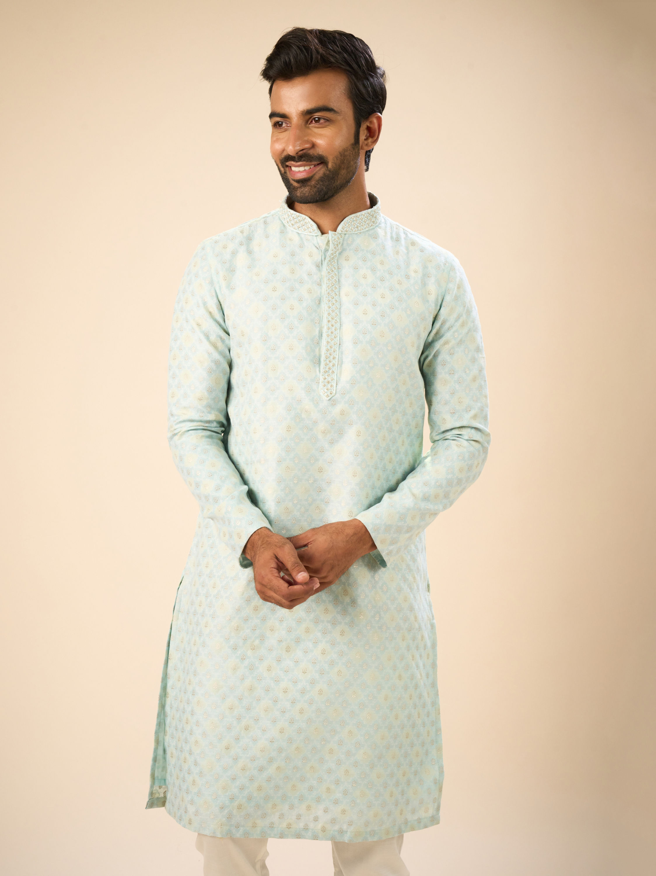 Manyavar Men Brocade Kurta Pajama in Light Blue
