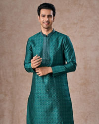 Manyavar Men Teal Green Brocade Kurta Pajama