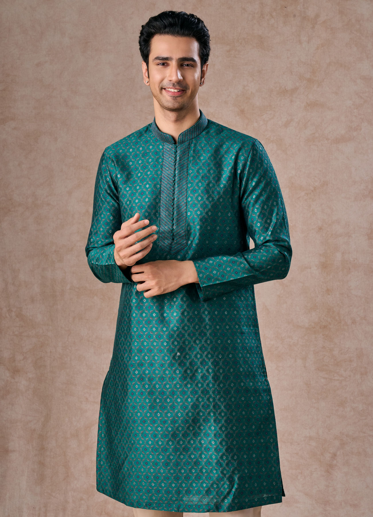 Manyavar Men Teal Green Brocade Kurta Pajama