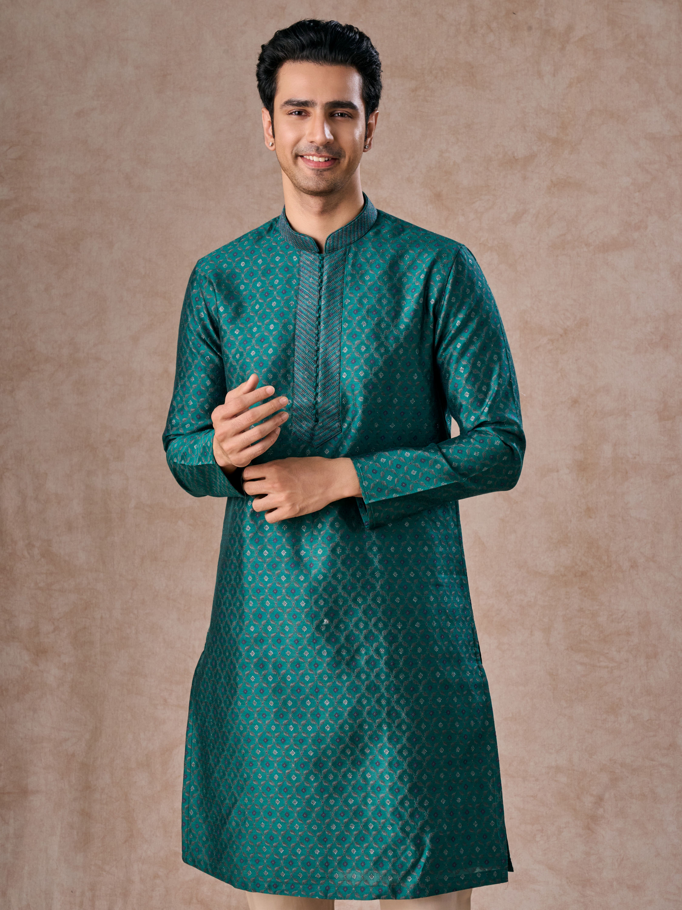Manyavar Men Teal Green Brocade Kurta Pajama