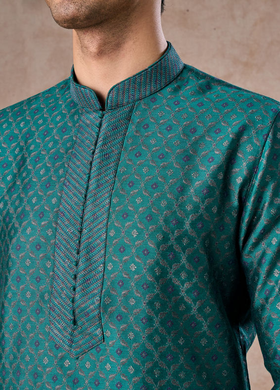 Manyavar Men Teal Green Brocade Kurta Pajama
