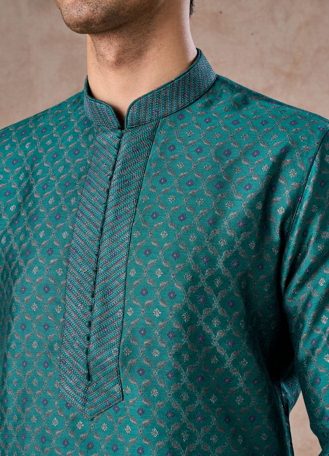 Manyavar Men Teal Green Brocade Kurta Pajama