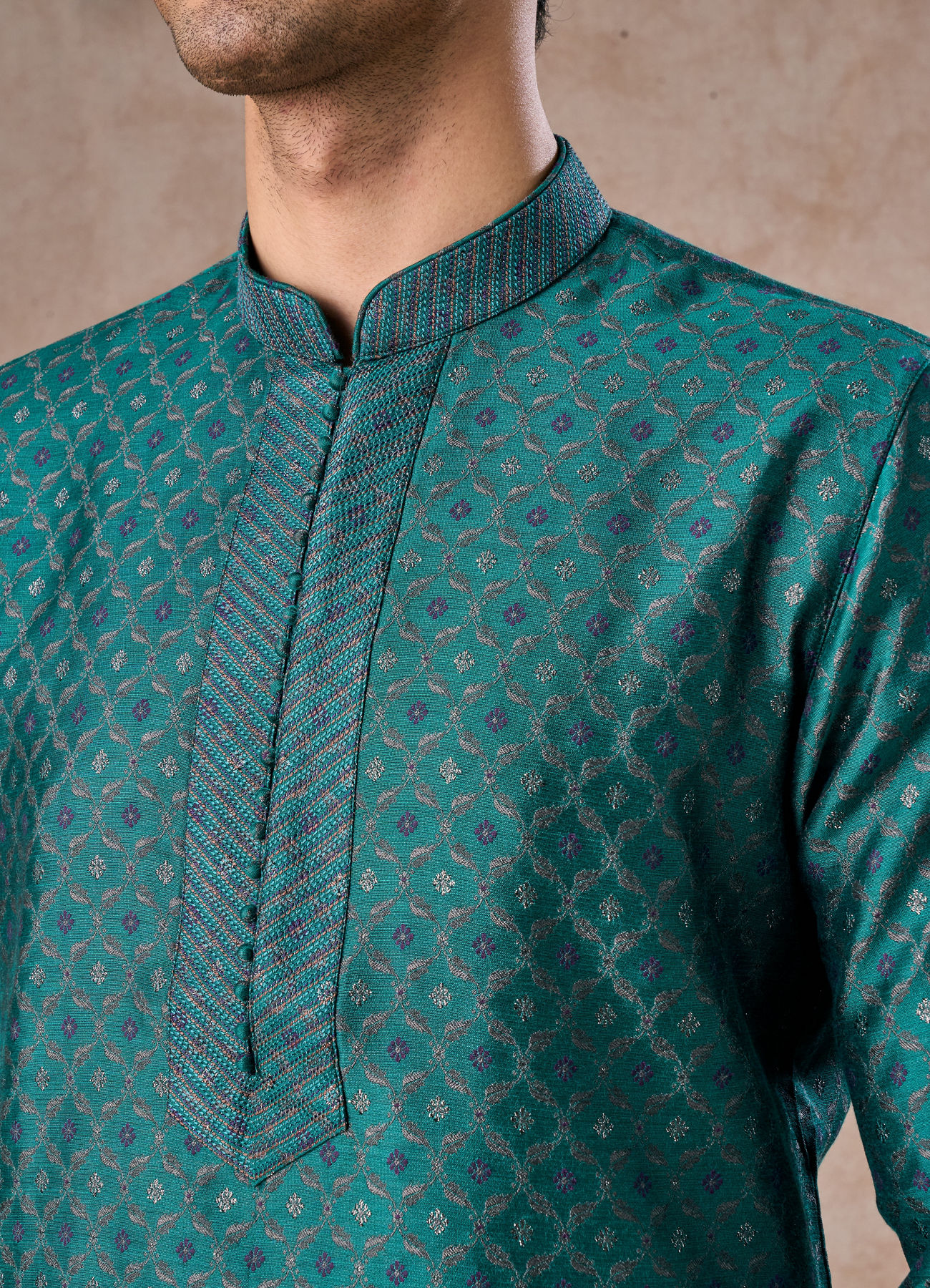 Manyavar Men Teal Green Brocade Kurta Pajama