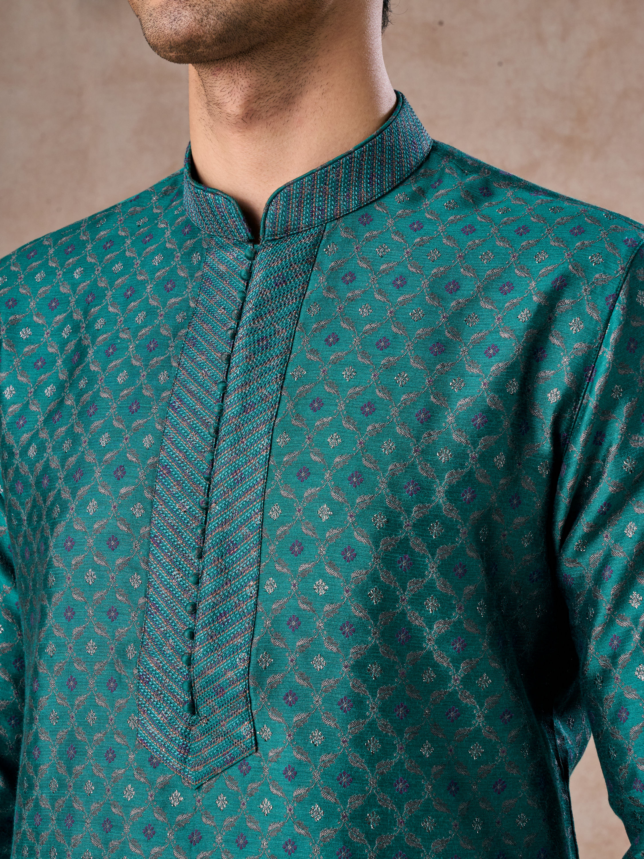 Manyavar Men Teal Green Brocade Kurta Pajama