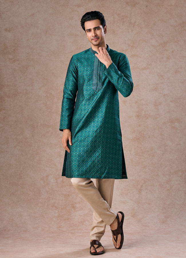 Manyavar Men Teal Green Brocade Kurta Pajama