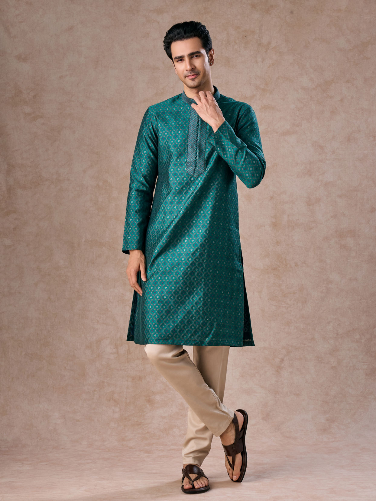 Manyavar Men Teal Green Brocade Kurta Pajama