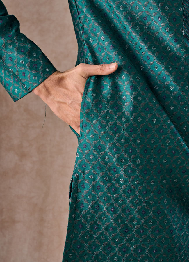 Manyavar Men Teal Green Brocade Kurta Pajama
