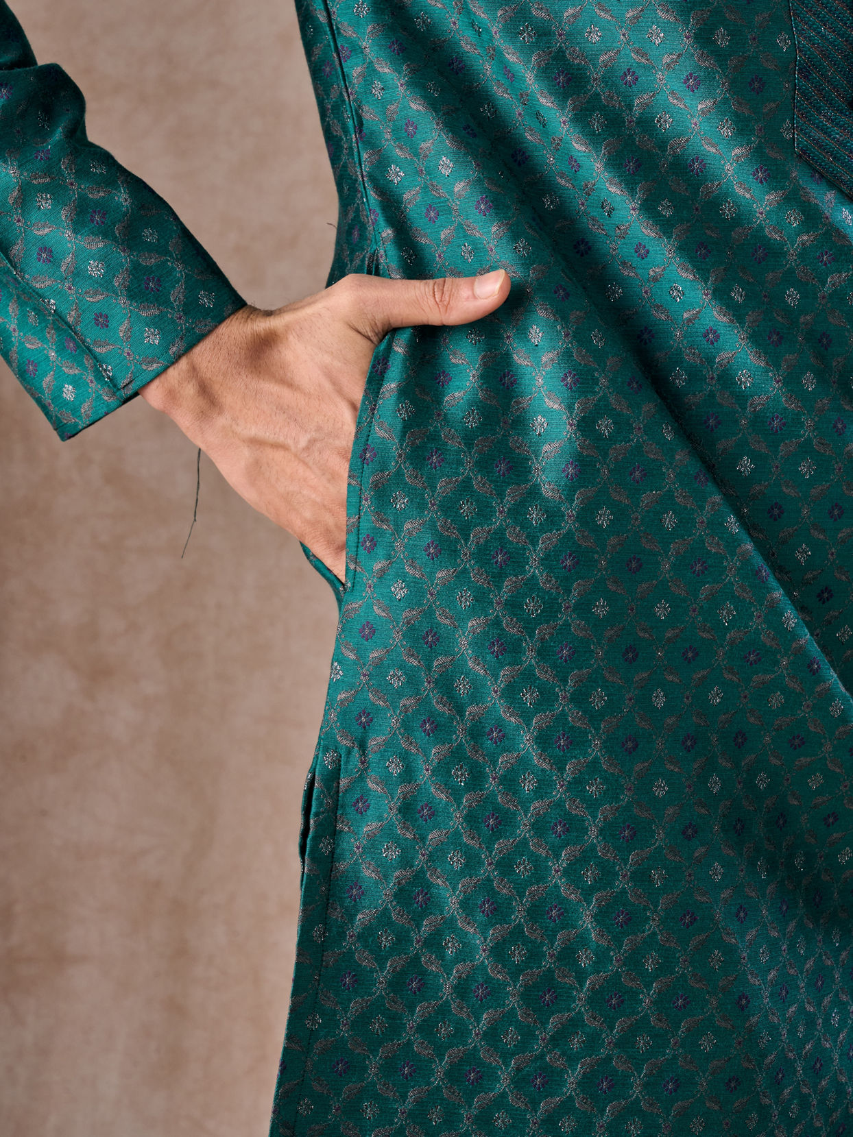 Manyavar Men Teal Green Brocade Kurta Pajama