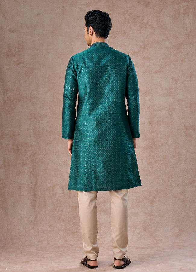 Manyavar Men Teal Green Brocade Kurta Pajama