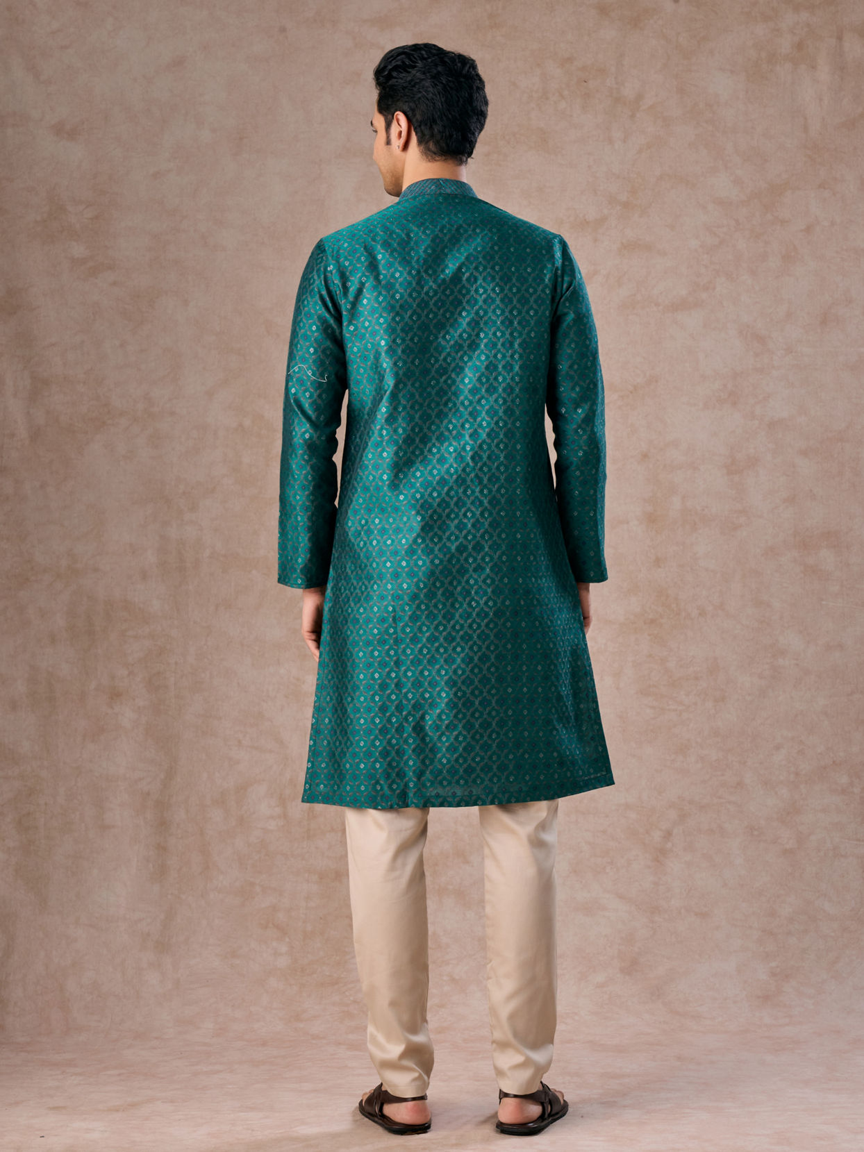 Manyavar Men Teal Green Brocade Kurta Pajama