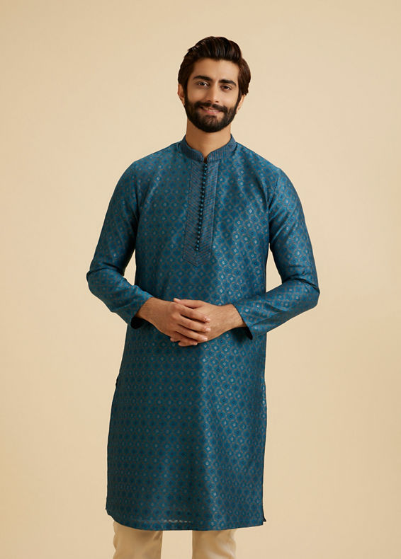 Manyavar Men Teal Blue Elegance Kurta Pajama