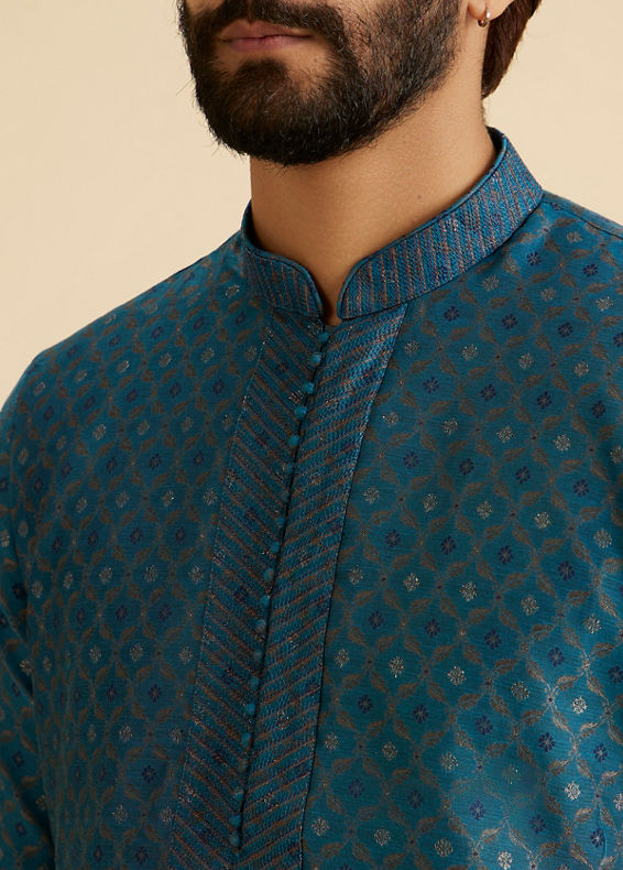 Manyavar Men Teal Blue Elegance Kurta Pajama