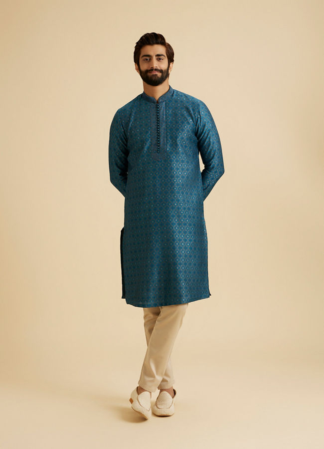 Manyavar Men Teal Blue Elegance Kurta Pajama