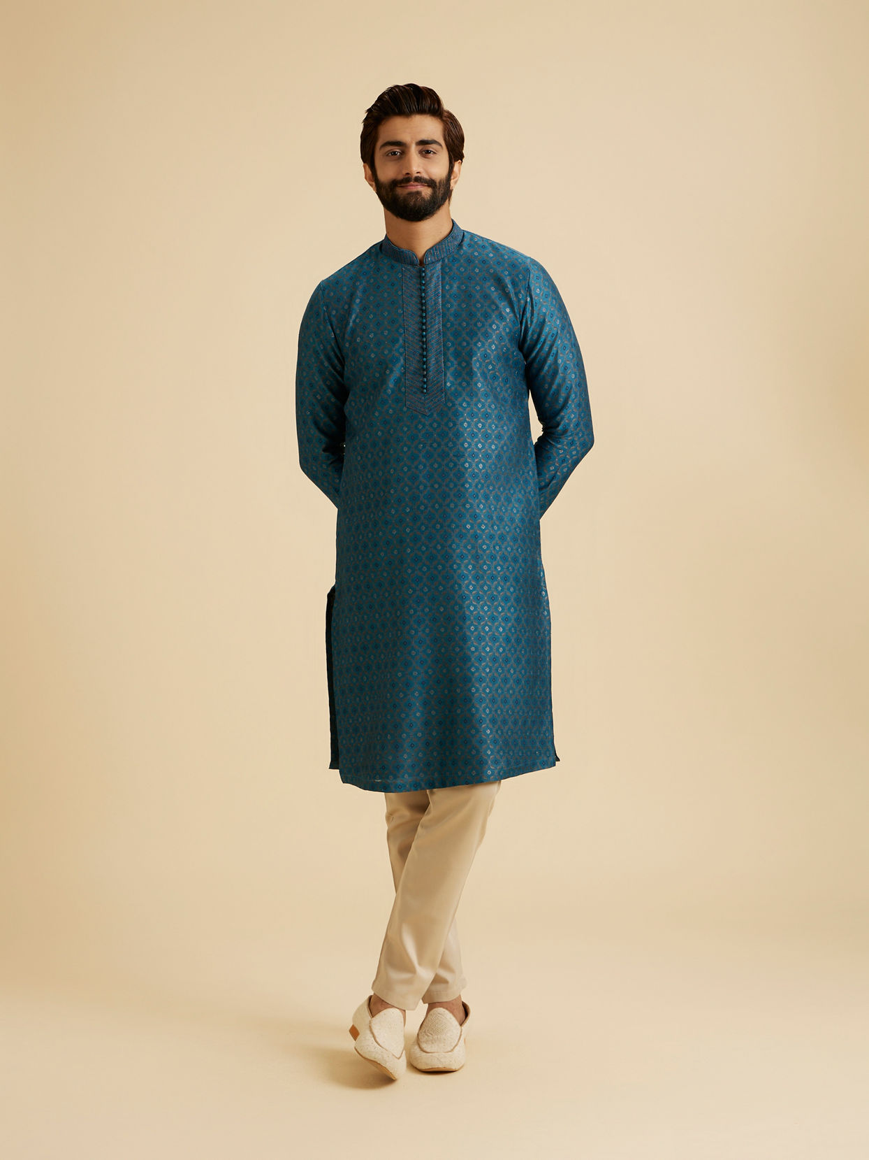 Manyavar Men Teal Blue Elegance Kurta Pajama