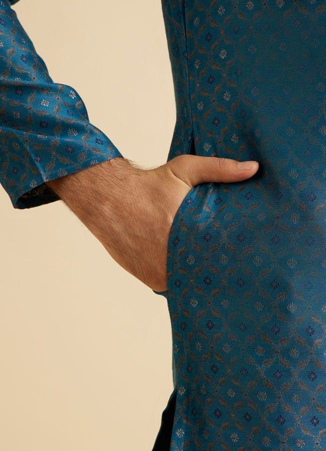 Manyavar Men Teal Blue Elegance Kurta Pajama