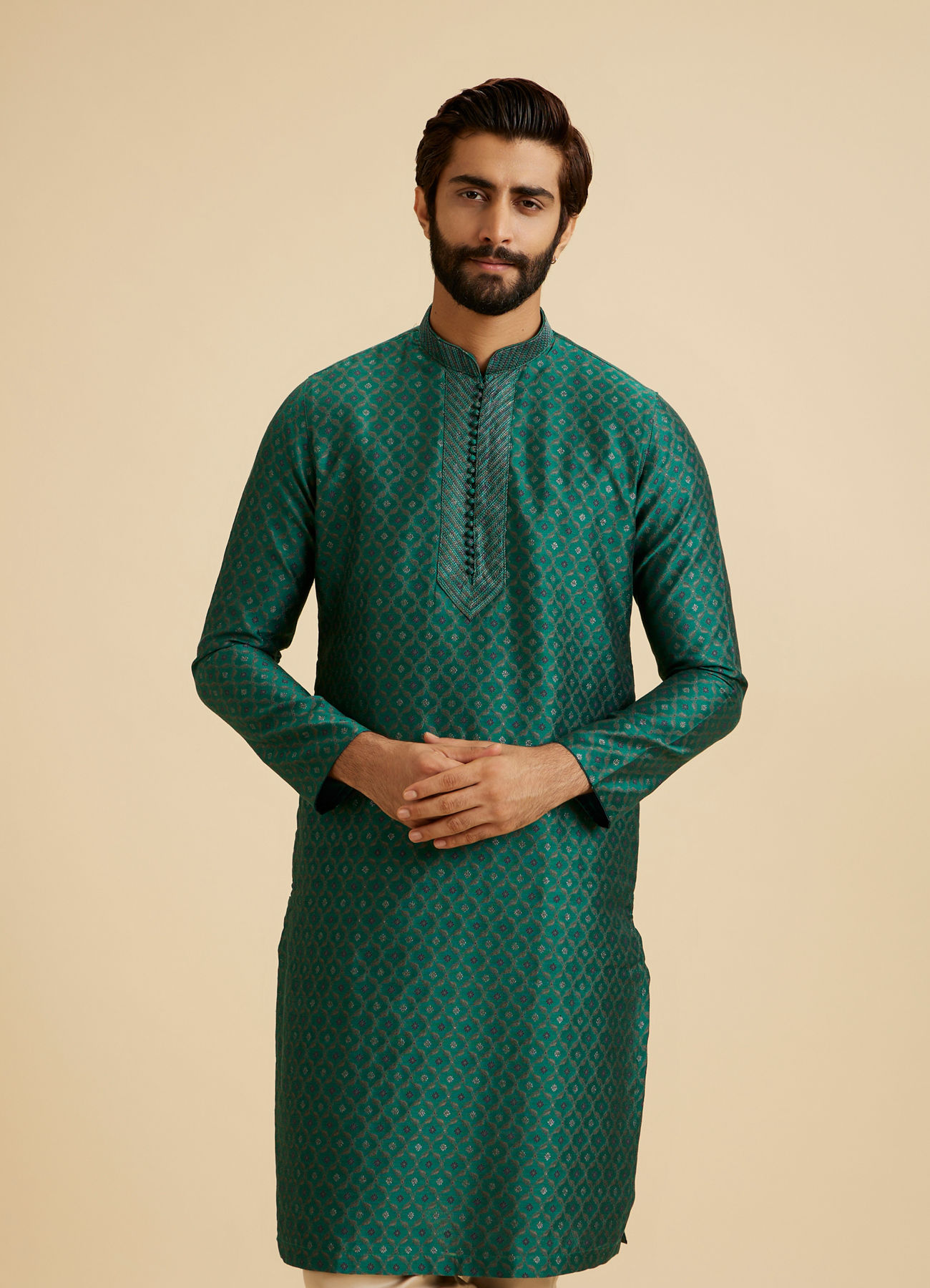 Manyavar Men Teal Green Brocade Kurta Pajama