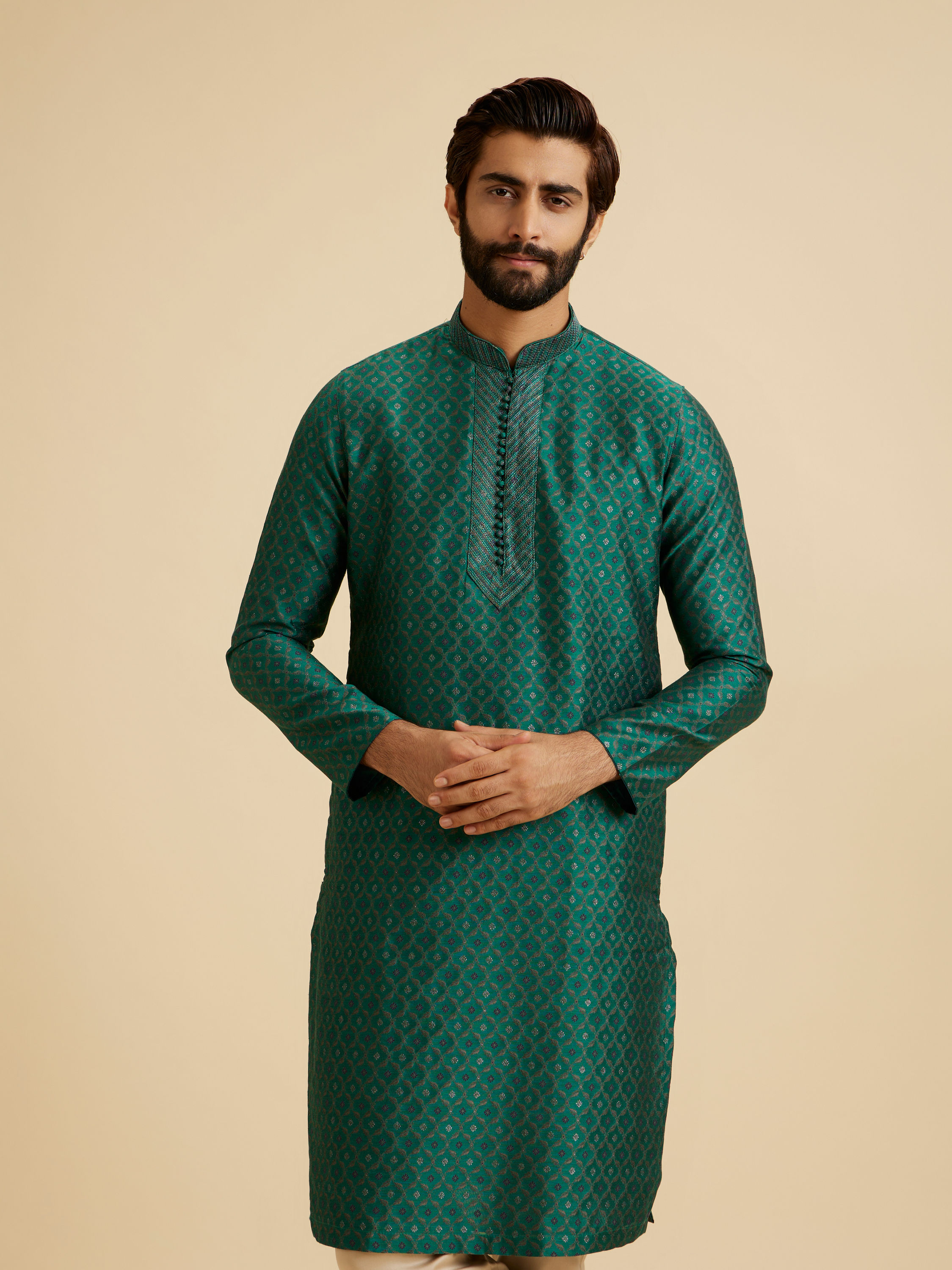 Manyavar Men Teal Green Brocade Kurta Pajama