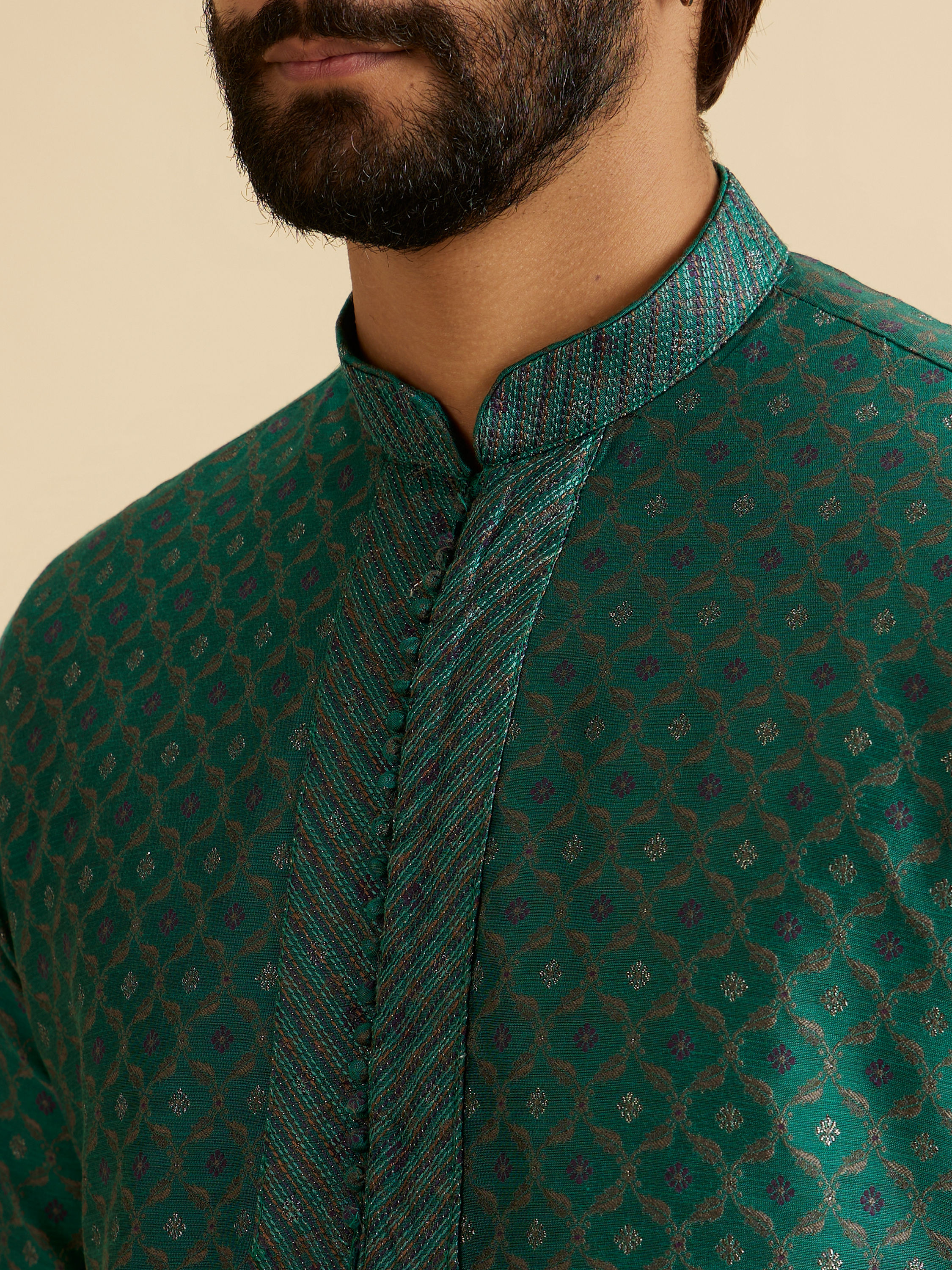 Manyavar Men Teal Green Brocade Kurta Pajama