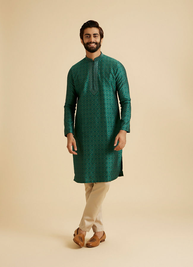 Manyavar Men Teal Green Brocade Kurta Pajama