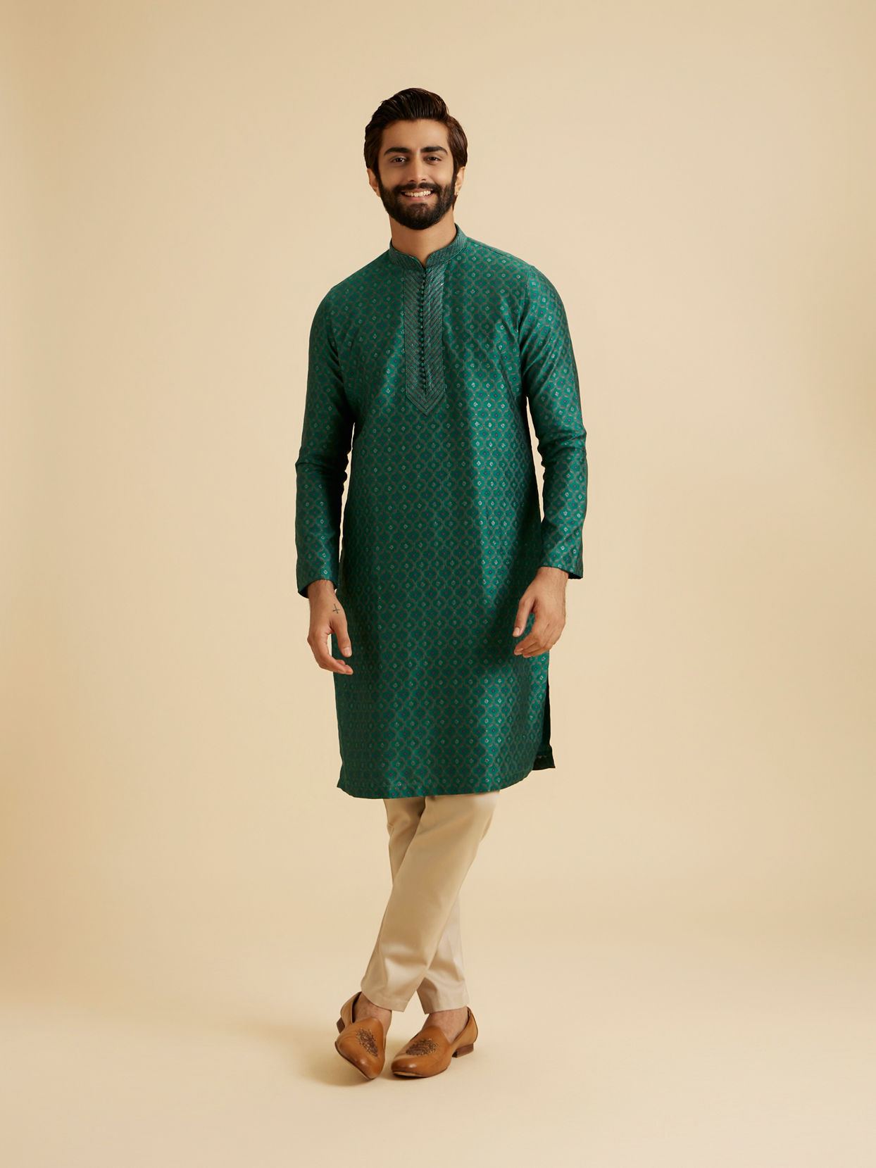 Manyavar Men Teal Green Brocade Kurta Pajama