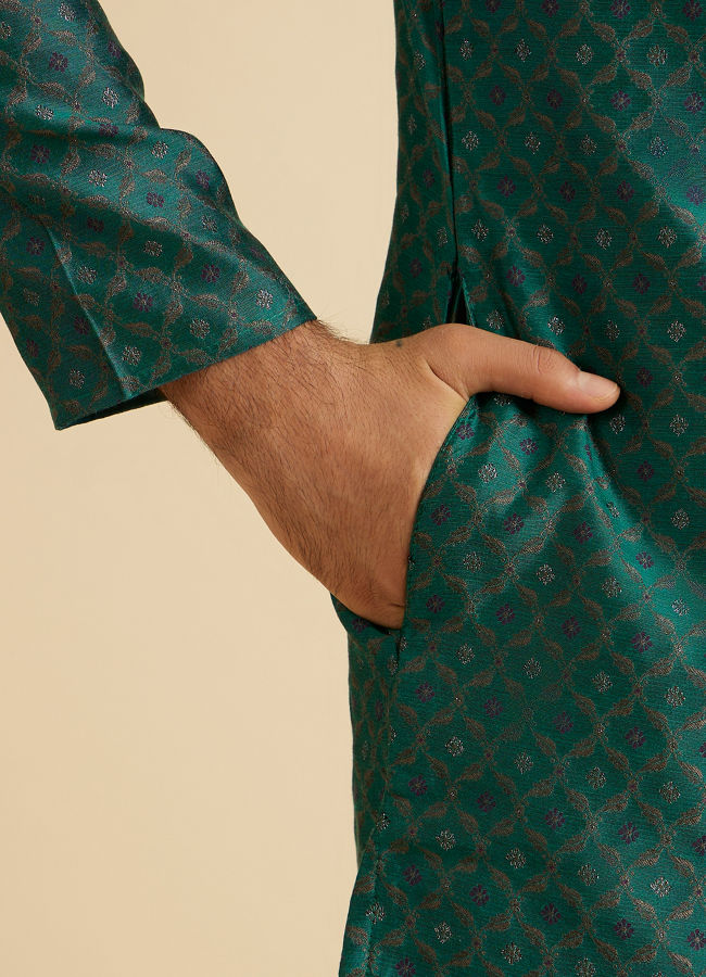 Manyavar Men Teal Green Brocade Kurta Pajama