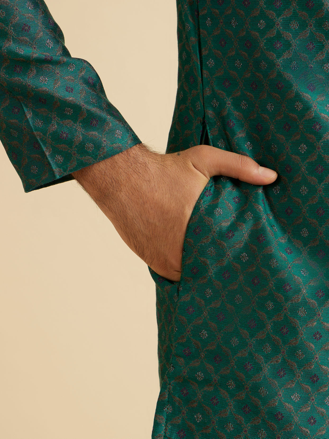 Manyavar Men Teal Green Brocade Kurta Pajama
