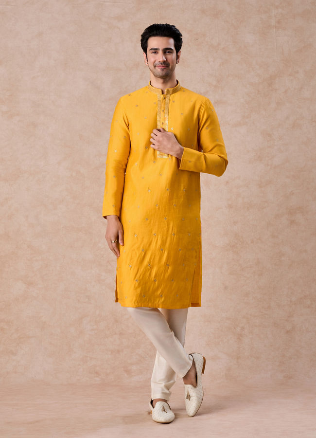 Manyavar Men Radiant Mustard Kurta Pajama Set