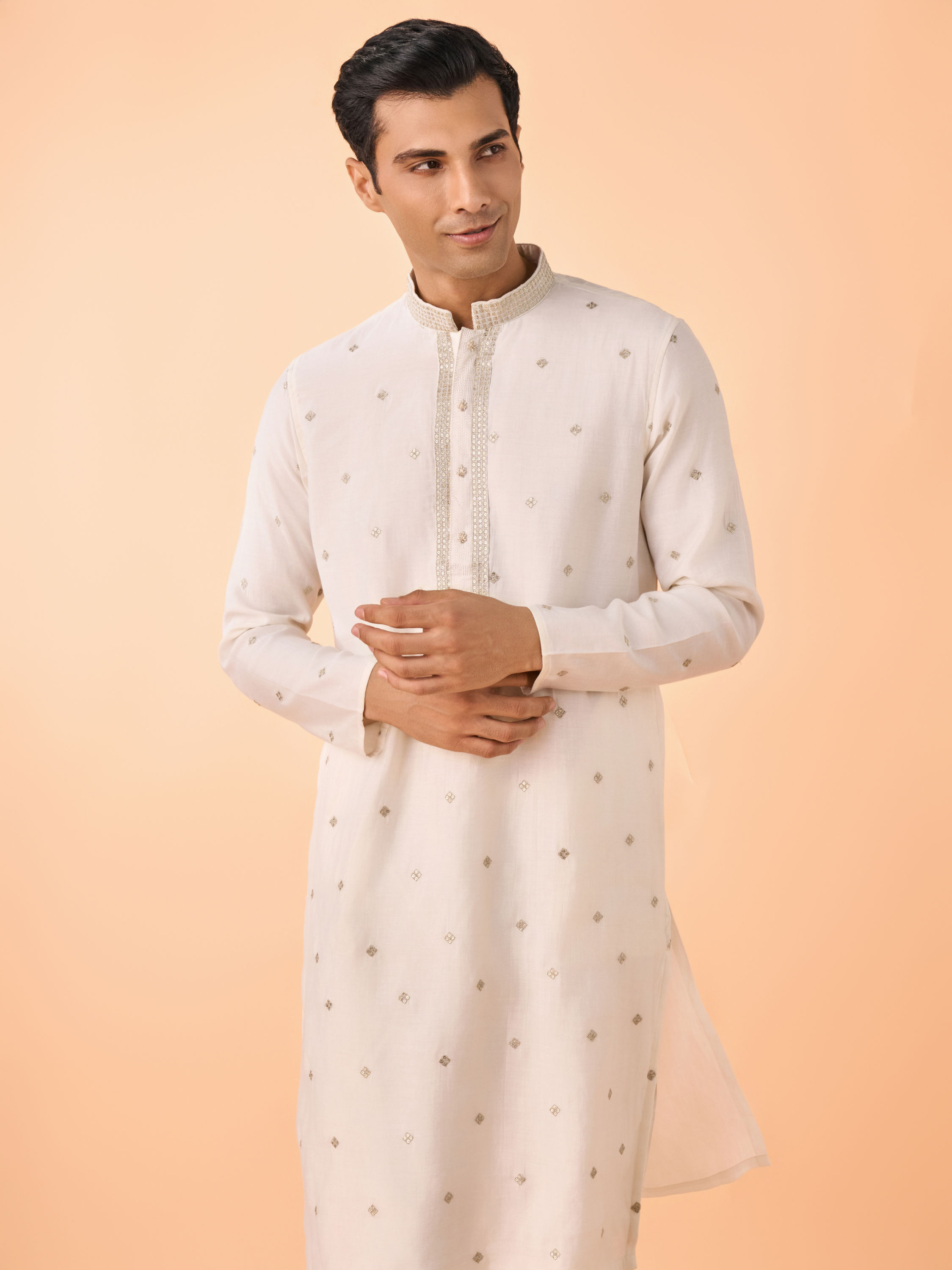 Manyavar Men Warm White Elegance Kurta Pajama