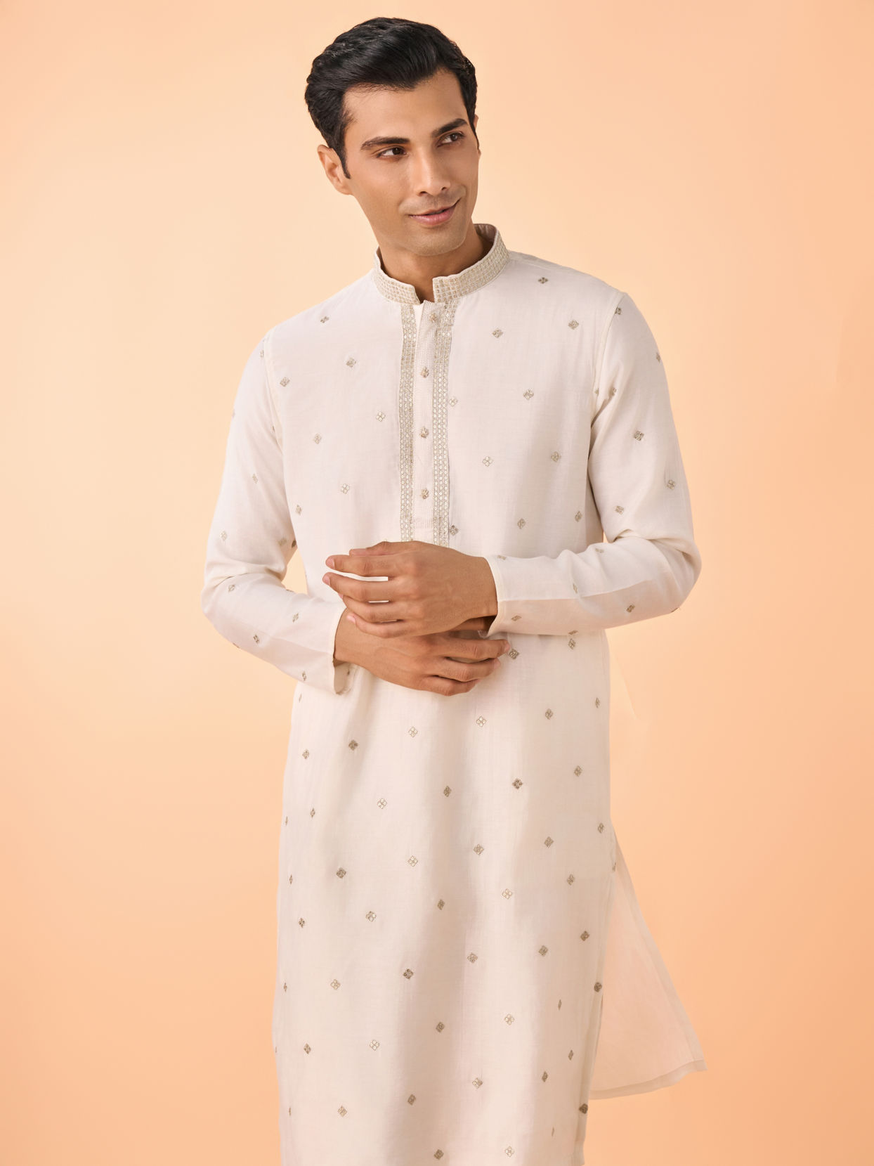 Manyavar Men Warm White Elegance Kurta Pajama