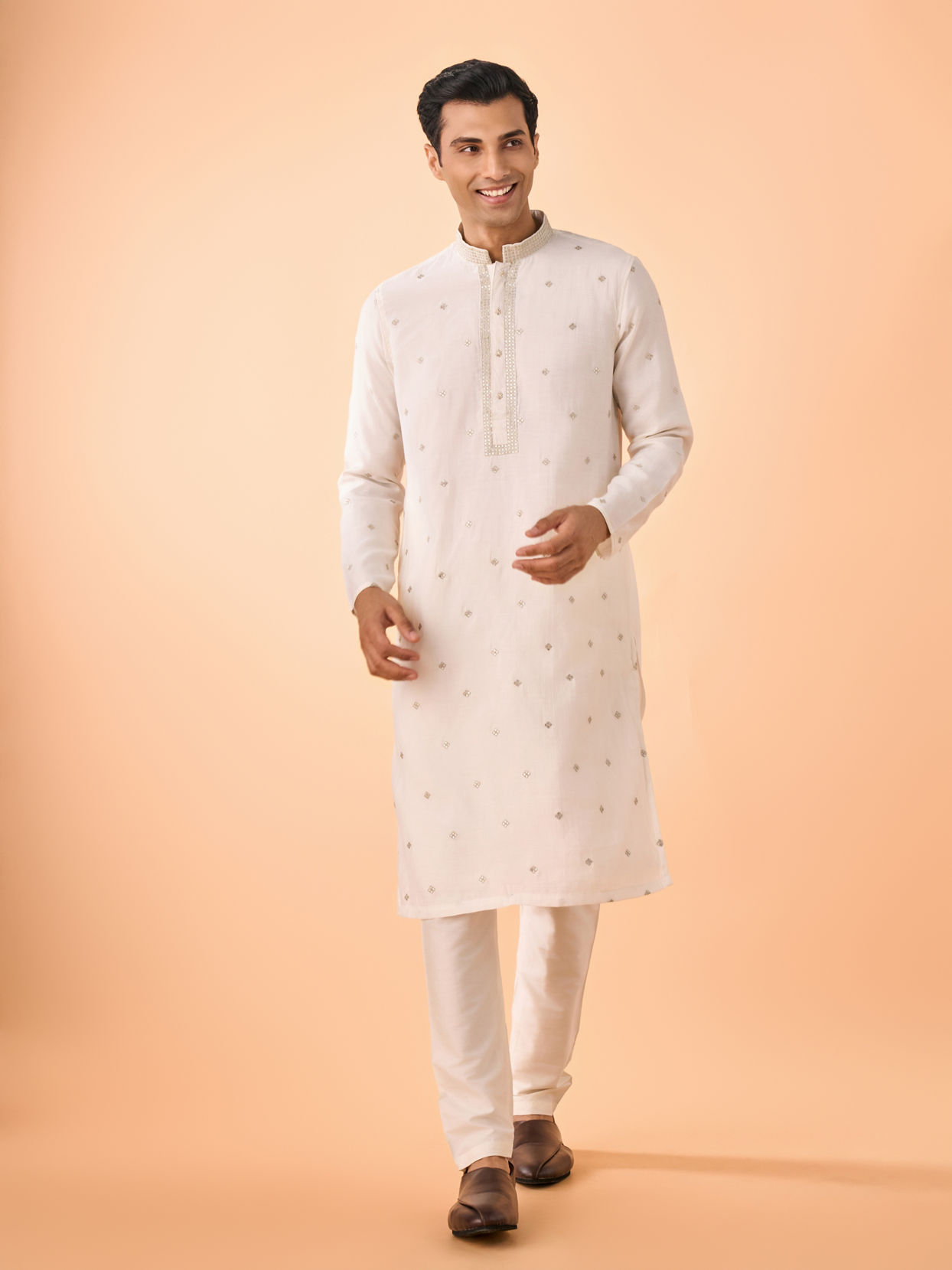 Manyavar Men Warm White Elegance Kurta Pajama