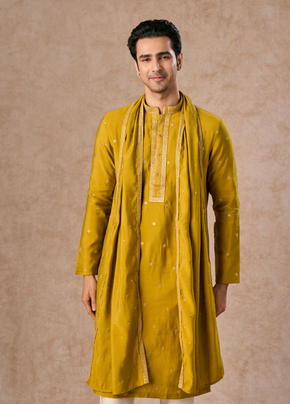 Manyavar Men Mehndi Green Graceful Kurta Pajama Dupatta Set
