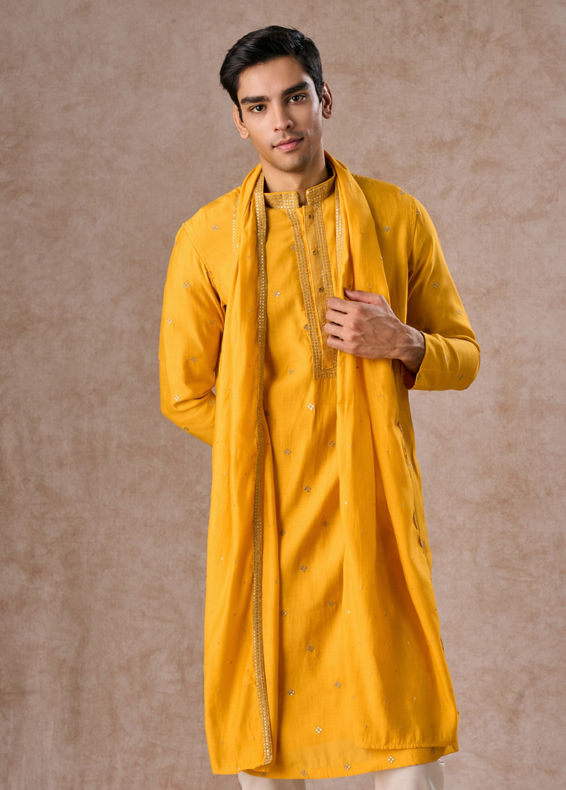 Manyavar Men Mustard Ensemble of Classic Elegance Kurta Pajama