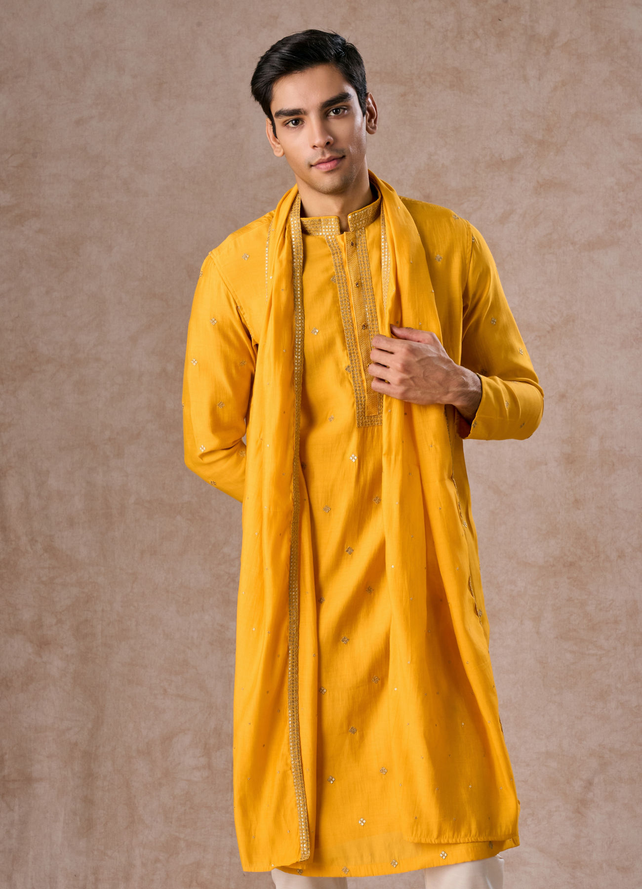 Manyavar Men Mustard Ensemble of Classic Elegance Kurta Pajama