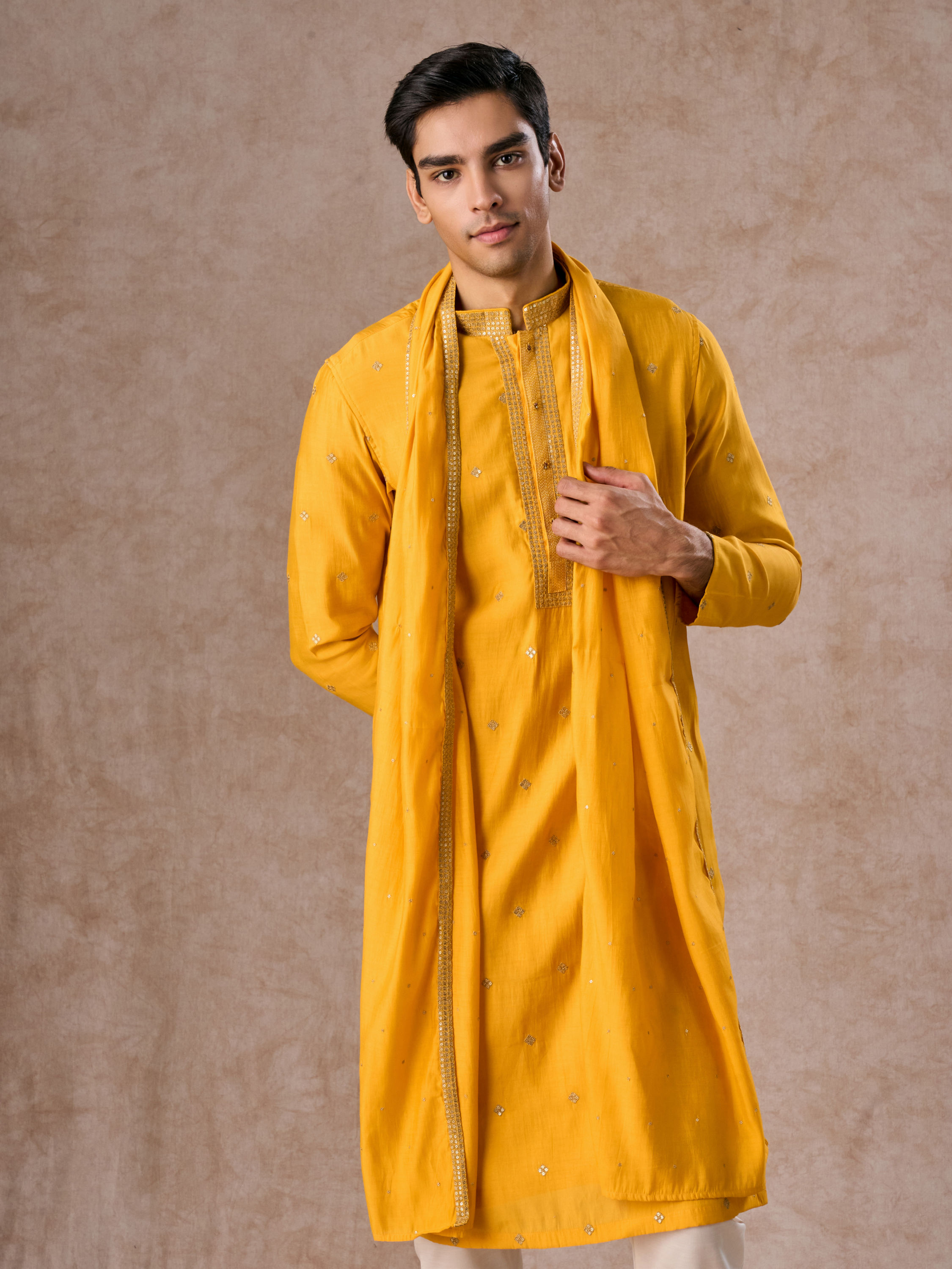 Manyavar Men Mustard Ensemble of Classic Elegance Kurta Pajama