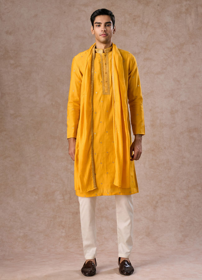 Manyavar Men Mustard Ensemble of Classic Elegance Kurta Pajama