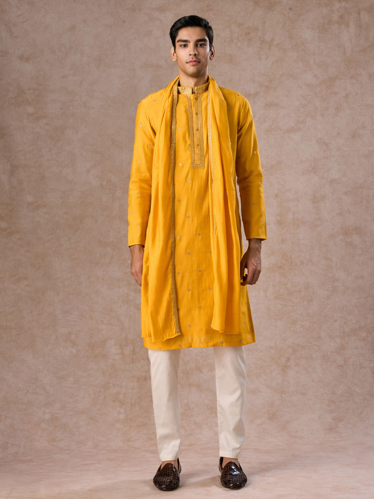 Manyavar Men Mustard Ensemble of Classic Elegance Kurta Pajama
