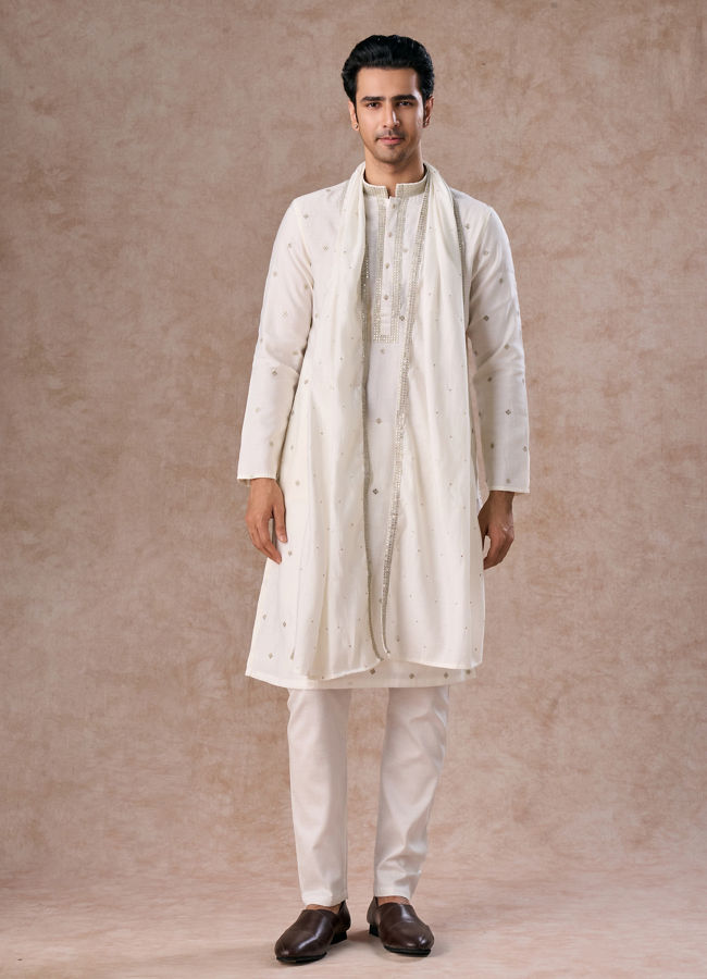 Manyavar Men Radiant Cream Kurta Pajama Dupatta Set