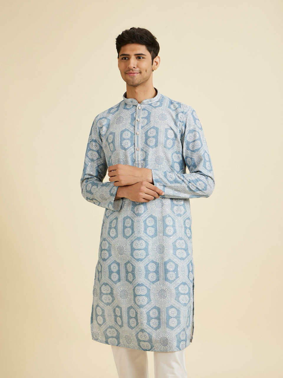Manyavar Men Elegant Blue Blended Cotton Kurta Pajama