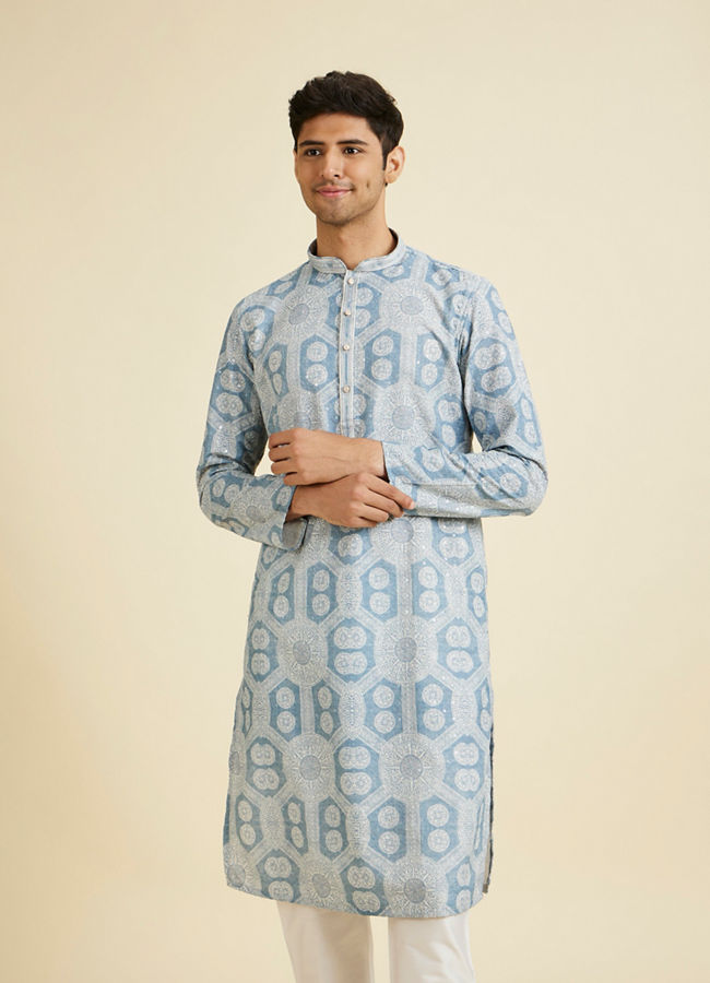 Manyavar Men Elegant Blue Blended Cotton Kurta Pajama