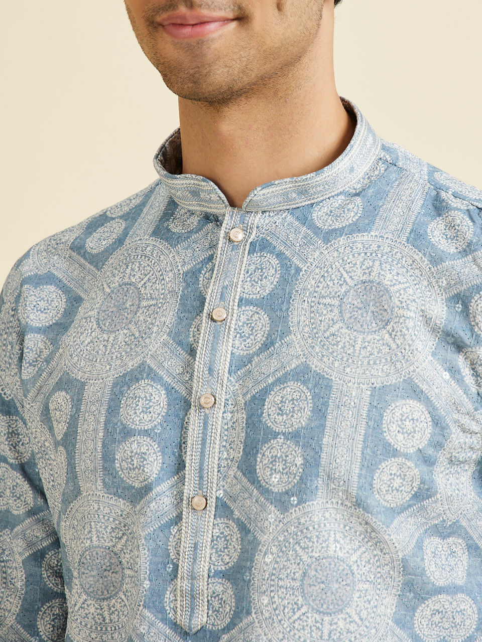 Manyavar Men Elegant Blue Blended Cotton Kurta Pajama