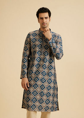 Manyavar Men Teal Blue Majestic Kurta Pajama